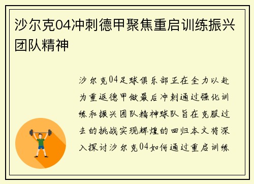 沙尔克04冲刺德甲聚焦重启训练振兴团队精神
