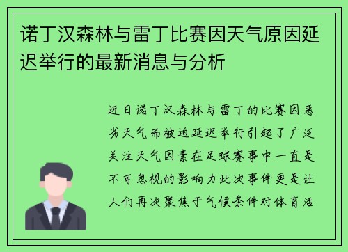 诺丁汉森林与雷丁比赛因天气原因延迟举行的最新消息与分析